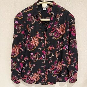 Liz Claiborne Paisley Button Down Blouse Long Sleeve Black Shirt Women’s Size PL